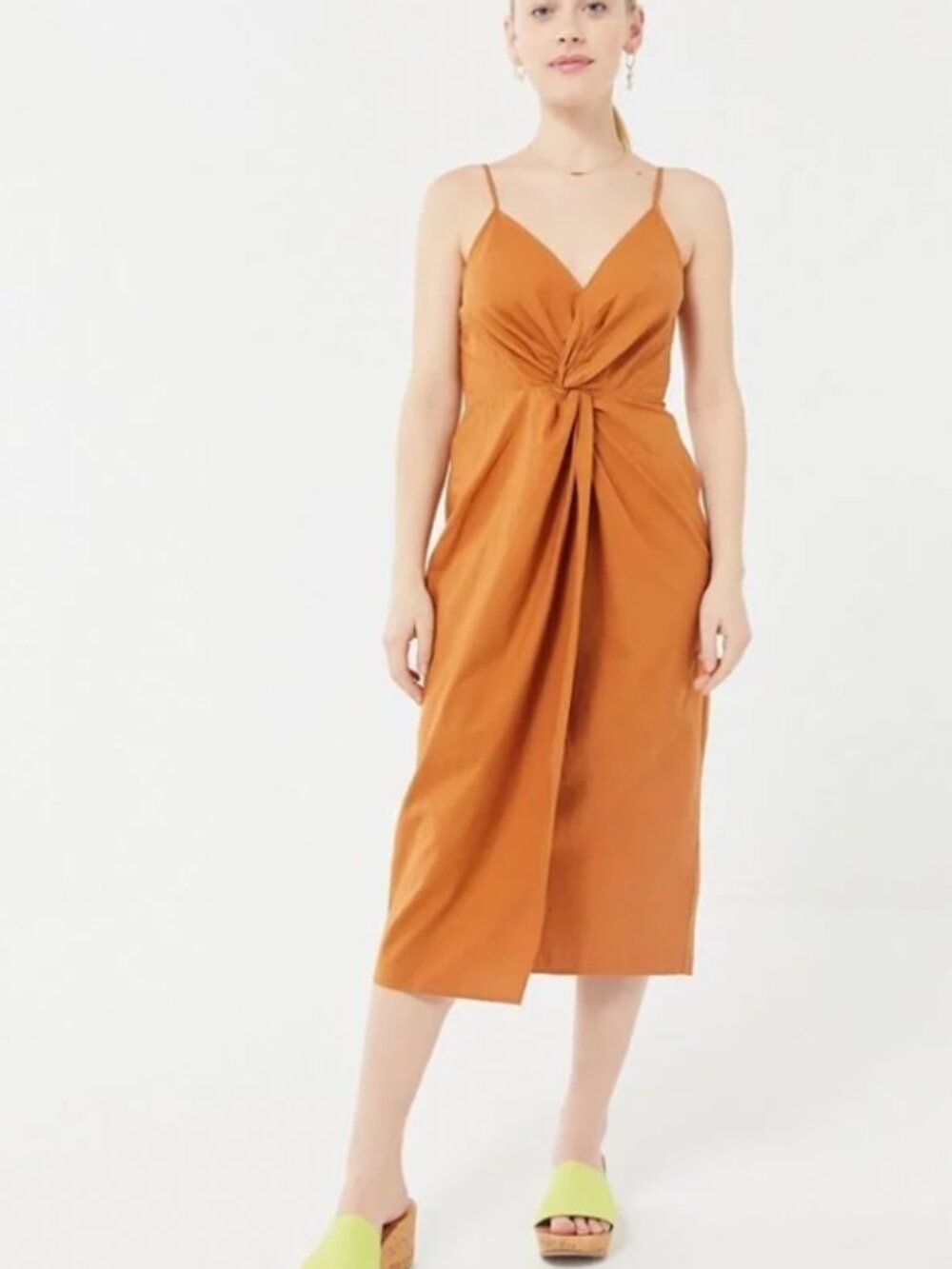 Urban Outfitters Twist-Front Wrap Midi Dress in Brown Size XS Women's
